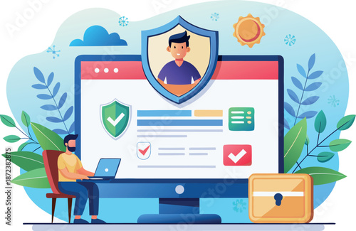 Cybersecurity at work and private user data protection vector