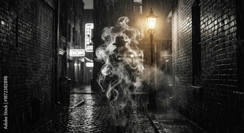 Canvastavla Noir Detective Silhouette Dissolving into Smoke in Rainy Alley