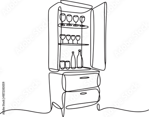 Minimalist Continuous Line Art Cabinet with Glasses and Bottles Inside