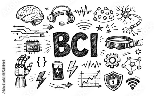 Brain-computer interface doodles with icons representing technology and neuroscience