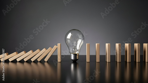 A bright idea is the catalyst to stop the domino effect of challenges, showing innovation and leadership to overcome obstacles with creativity and foresight.