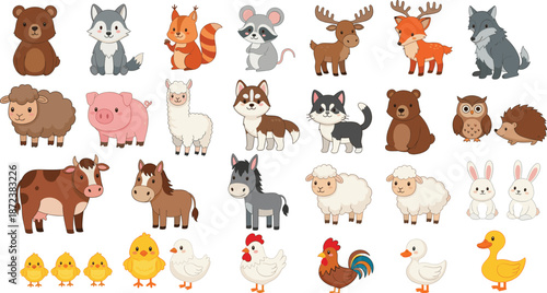 Cute Farm and Forest Animal Character Set with Domestic and Wild Creatures, Cartoon Style Illustration for Kids Educational Designs