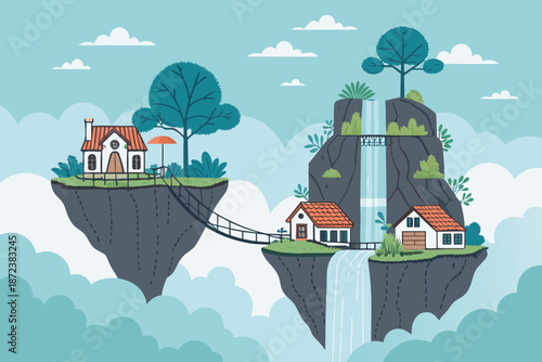 Floating Sky Island Waterfall Village Color