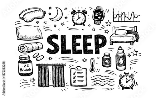 Doodle illustration of sleep essentials and concepts, including a bed and alarm clock