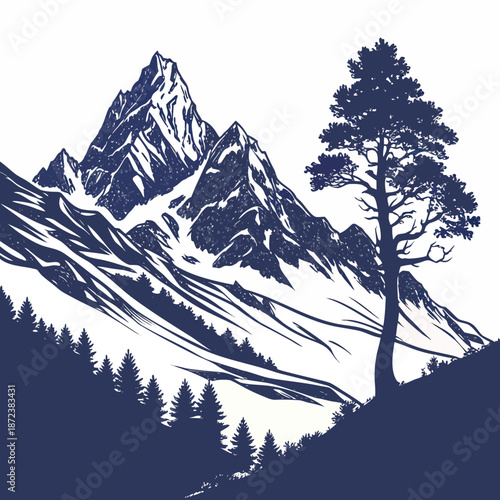 Silhouette of majestic mountain and lone pine