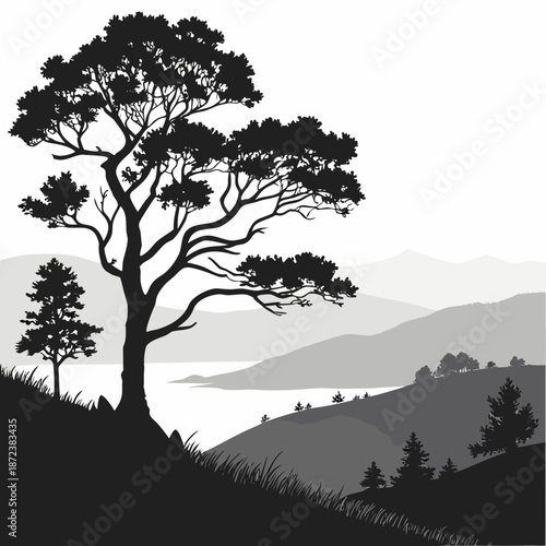 Lone tree overlooking a serene lake