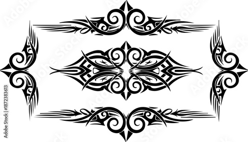 A black tribal tattoo design border with intricate swirls and leaves on a white background silhouette