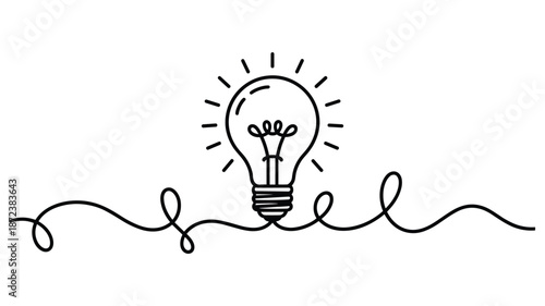 Black line of a glowing light bulb with a tangled wire on a white background symbolizing creativity and new ideas