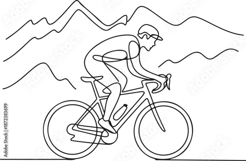 Minimalist Continuous Line Art Cyclist on Mountain Trail