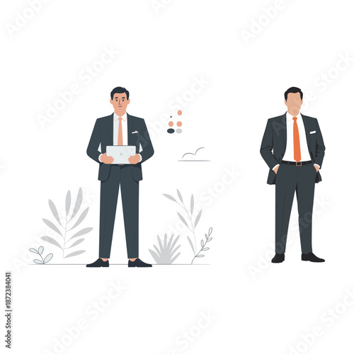 Businessmen in Suits with Laptop and Hand in Pocket, Minimalist Illustration