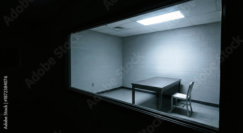 Empty Interrogation Room with One Way Mirror and Metal Table