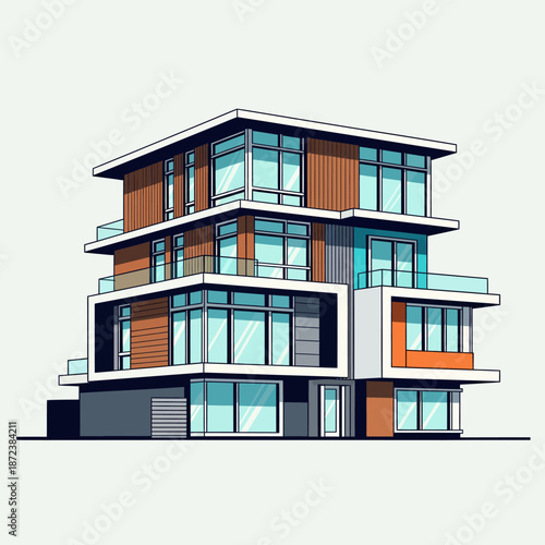 Sleek and contemporary multi-story apartment building with stylish facades, an isometric vector illustration showcasing modern residential architecture and urban living