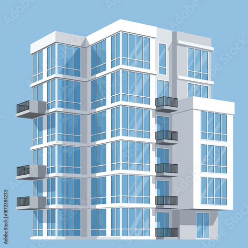 Modern isometric apartment building with balconies and large windows, vector illustration