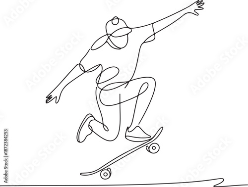 Minimalist Continuous Line Art Skateboarder Mid-Air