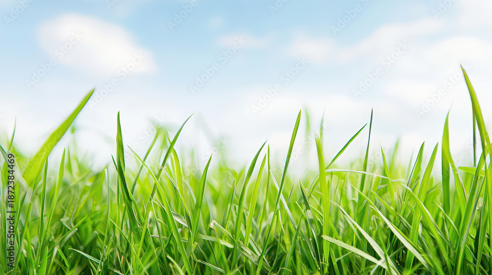 Fototapeta premium Lush green grass swaying gently under bright blue sky with fluffy clouds, creating serene and peaceful atmosphere