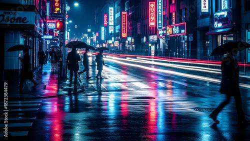 Wallpaper Mural People walk on a wet city street at night with umbrellas under neon signs and blurred traffic lights with rain and urban and evening and cityscape and atmosphere and pavement with walking Torontodigital.ca