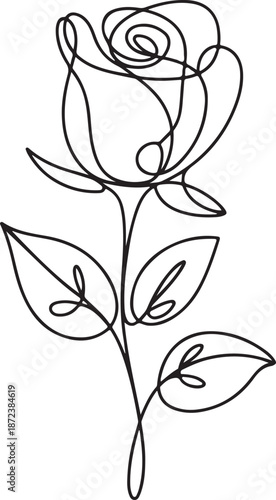 Minimalist Continuous Line Art Rosebud with Small Leaves