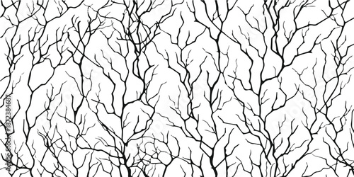 A seamless pattern of intricate bare tree branches in a minimalist black and white style