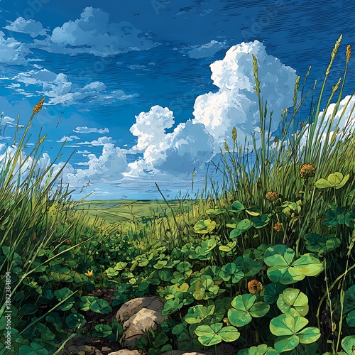 Dense clover plants growing in open meadow high resolution picture