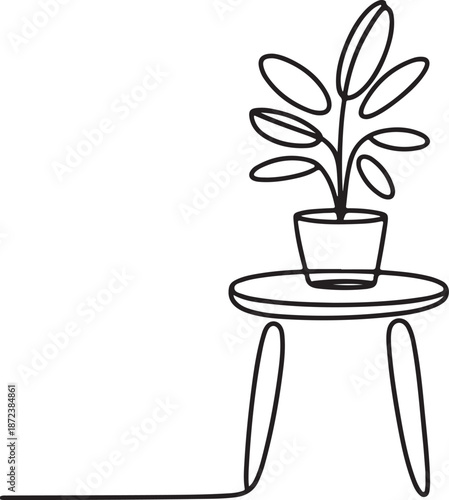 Minimalist Continuous Line Art Table with Potted Plant