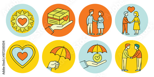 Valentine Heart and Couple Icon Set for Love and Care Concepts