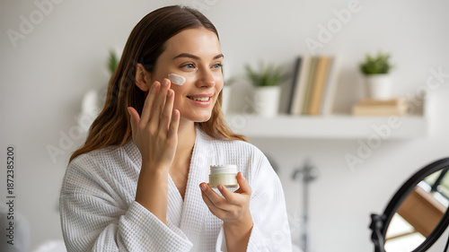 Smiling Young Woman Applying Moisturizer to Her Face, Skincare Routine