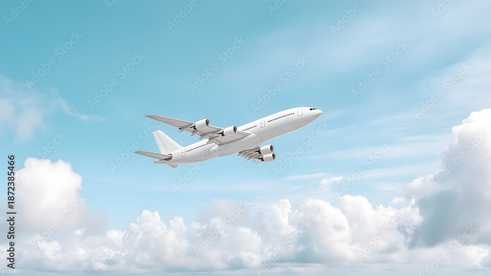 Obraz premium Wide angle shot of a passenger plane flying above the clouds is dominated by a pale azure blue sky, sunset, shot in high resolution ,soft style.