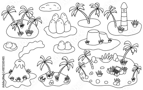 Islands with palm trees, treasures and volcanoes hand drawn doodle vector set