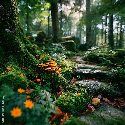 Detailed forest ground with moss and leaves high resolution picture