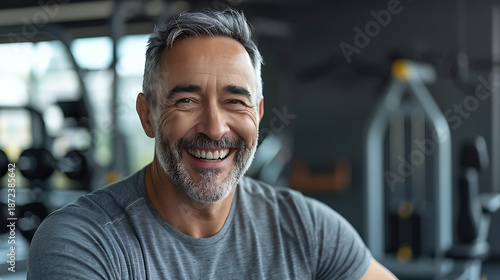 Smiling Middle-Aged Man with Grey Hair and Beard in Gym - Healthy Lifestyle Portrait