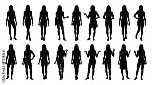 Collection of diverse female silhouettes in various poses and outfits showcasing different styles and attitudes