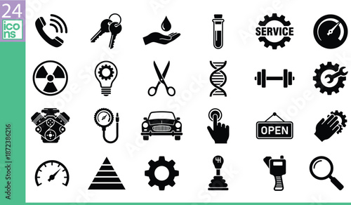 Auto car service maintenance icons, industrial repair tools, laboratory science equipment, garage mechanical engine parts, technical support transportation symbols