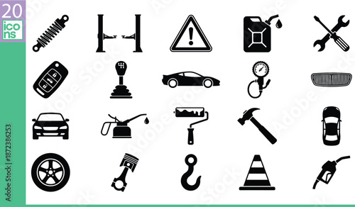 Auto car service maintenance icons, industrial repair tools, garage mechanical engine parts, technical support transportation symbols, vehicle diagnostic equipment, workshop