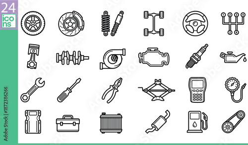 Automotive parts, car repair tools, mechanical engine components, vehicle maintenance equipment, garage service icons, transportation engineering hardware, industrial machinery elements