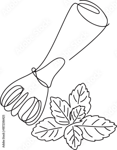 Minimalist Continuous Line Art Wooden Muddler with Mint Leaves