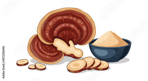 Illustration of medicinal Reishi mushrooms showing whole fungi, sliced pieces, and a bowl of fine brown powder on a white background.