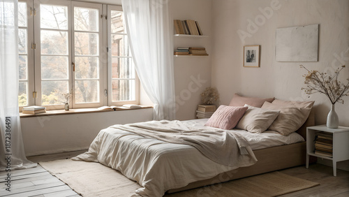 Wallpaper Mural Minimal bedroom scene with unmade bed, soft morning light, neutral pastel tones, cozy copy space, slow living vibe Torontodigital.ca
