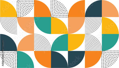 Geometric pattern with colorful semicircles and dots.