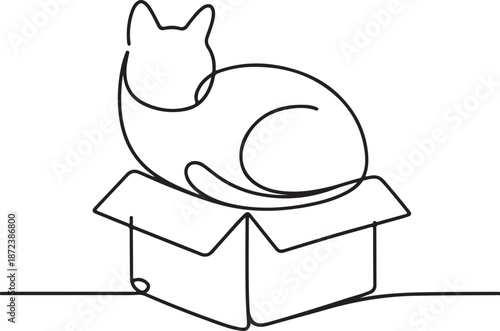 Minimalist Continuous Line Art Cat Curled Inside Open Box