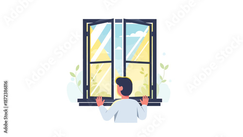 Man looking out window at sunny sky with hope