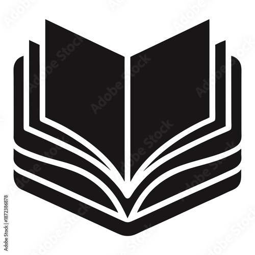 Title: A black and white of an open book with visible pages on a white background