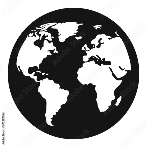 Title: A black and white of a globe showing the continents of North America, Europe, Africa, and