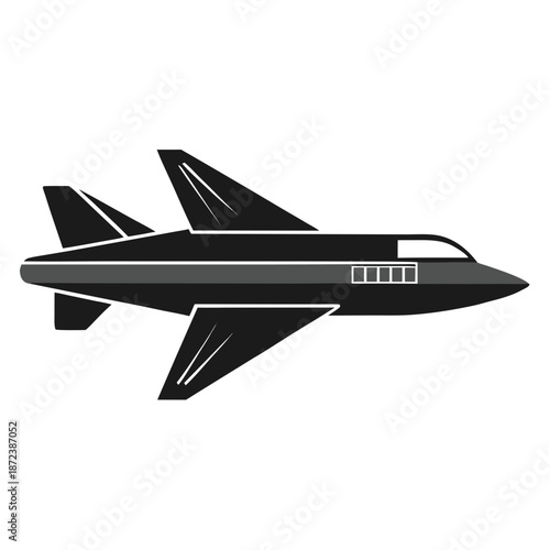 Title: Black and gray of a futuristic space shuttle with a streamlined body and detailed wings