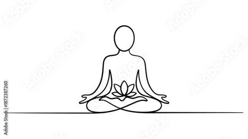 Minimalist single line of a person meditating in lotus pose with a flower meditation yoga mindfulness
