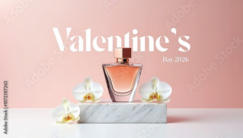 Pink perfume bottle with white orchids and Valentines Day text
