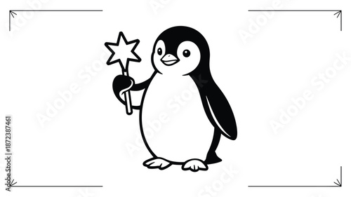 Cute cartoon penguin holding a sparkling star wand with a cheerful expression animal bird