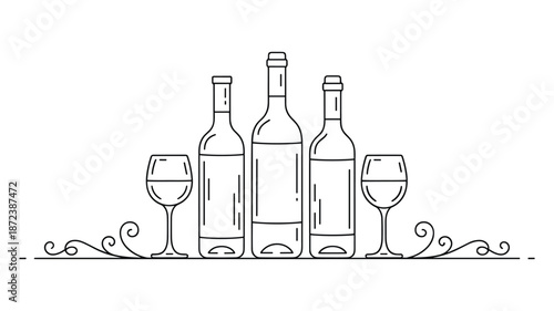 Three wine bottles and two glasses arranged with decorative ornamental flourish on a white background