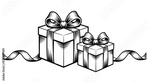 Two hand drawn black and white gift boxes with ribbons and bows on a white background present
