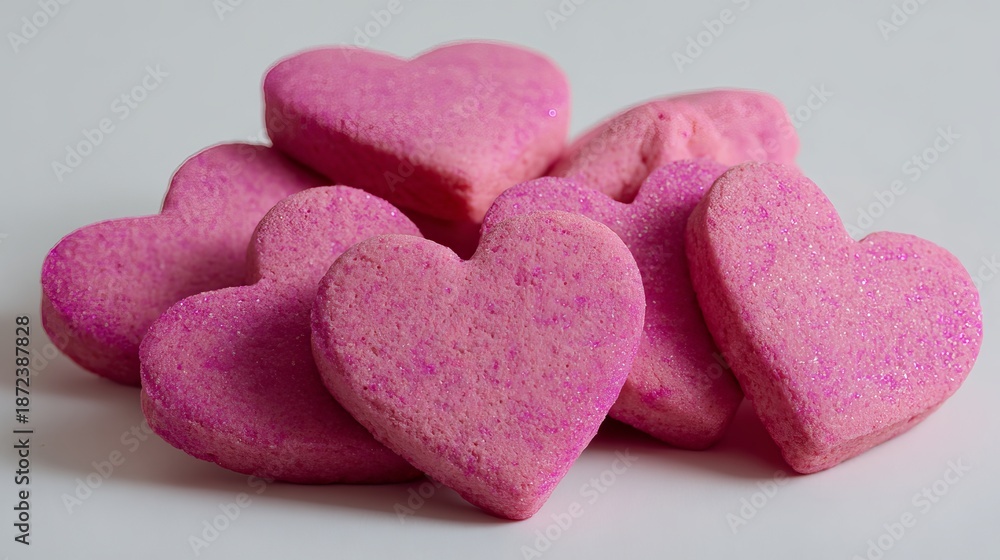 Obraz premium A pile of pink heart-shaped candies on a white surface