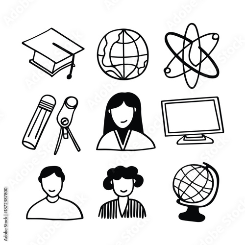 Education and Science Doodle Icon Set with Student Avatars, School Supplies, and Scientific Symbols